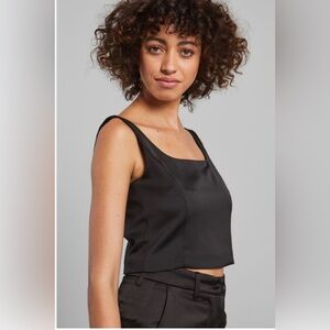 Express Black Square Neck Crop Top Corset Satin Fitted Minimalist Size L